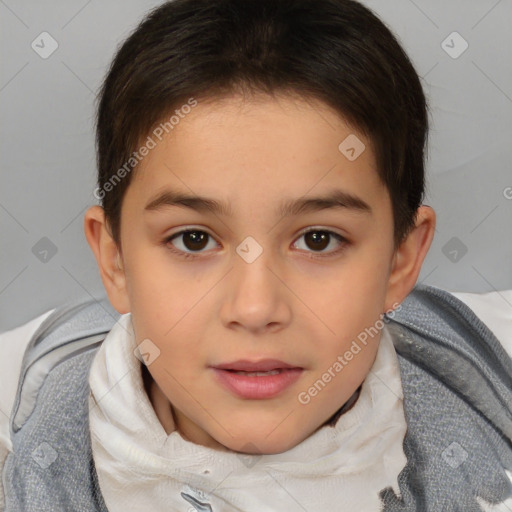 Joyful white child female with short  brown hair and brown eyes