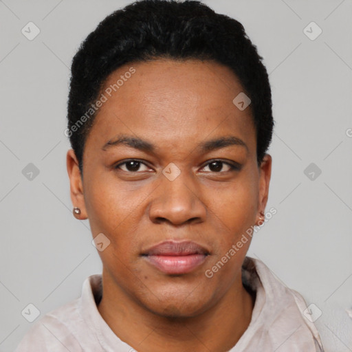 Neutral black young-adult female with short  black hair and brown eyes