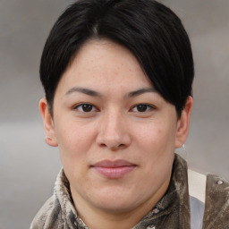 Joyful asian young-adult female with short  brown hair and brown eyes