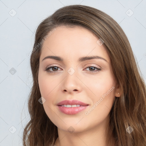 Neutral white young-adult female with long  brown hair and brown eyes