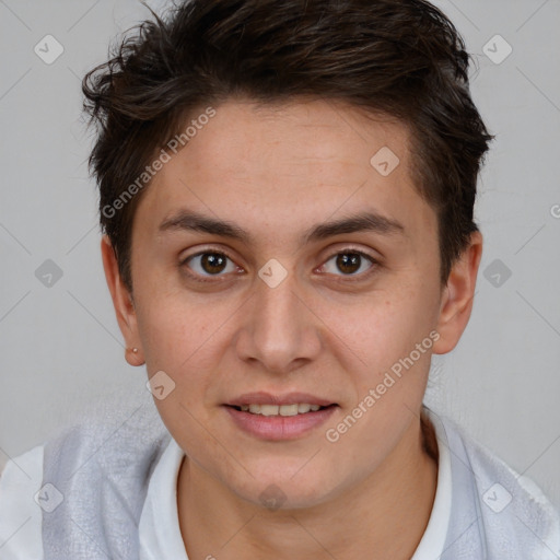 Joyful white young-adult female with short  brown hair and brown eyes