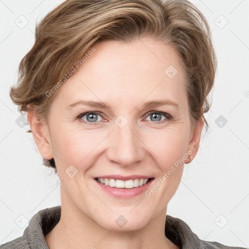 Joyful white young-adult female with medium  brown hair and blue eyes