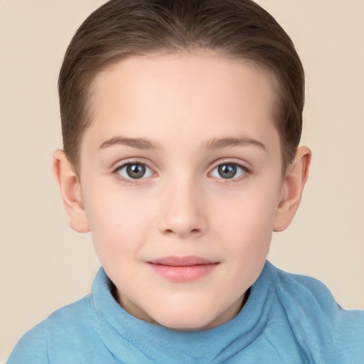 Joyful white child female with short  brown hair and brown eyes