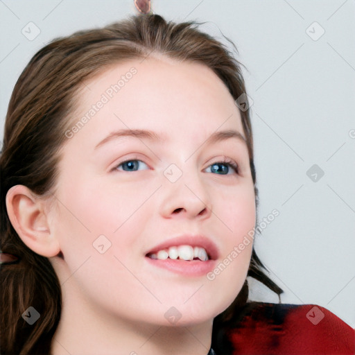 Joyful white young-adult female with long  brown hair and blue eyes