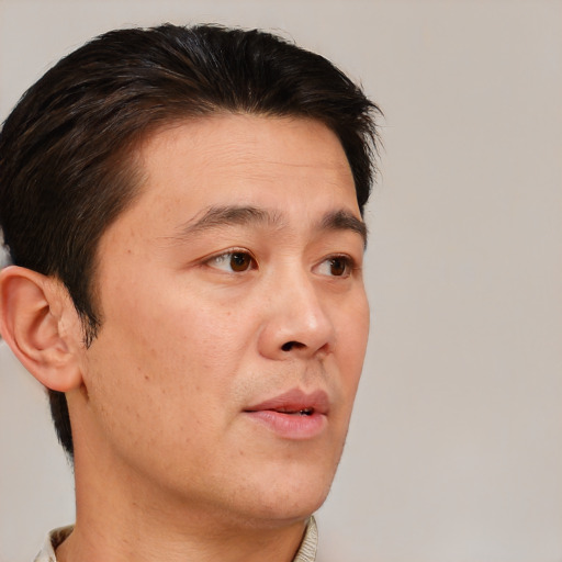 Neutral asian young-adult male with short  brown hair and brown eyes