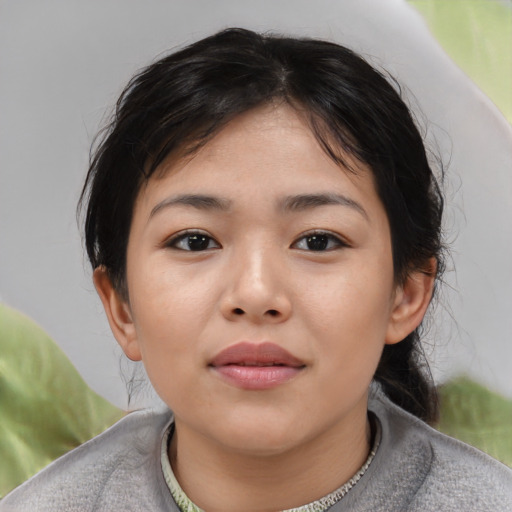 Neutral asian young-adult female with short  brown hair and brown eyes