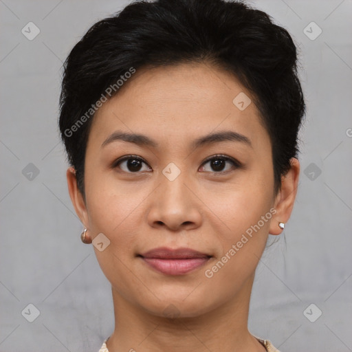 Joyful asian young-adult female with short  brown hair and brown eyes