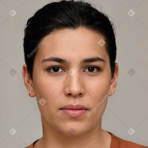 Neutral white young-adult female with short  brown hair and brown eyes