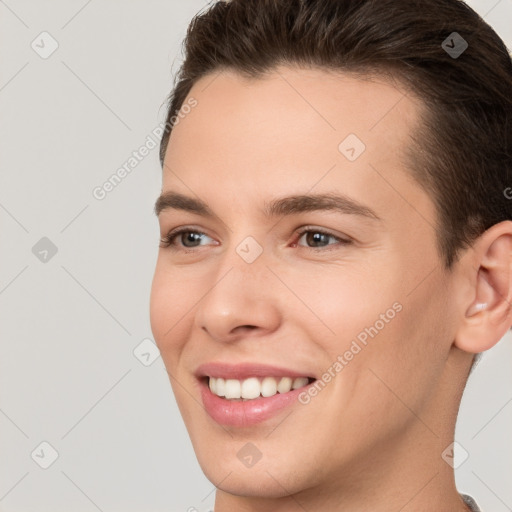 Joyful white young-adult female with short  brown hair and brown eyes