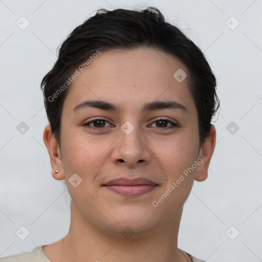 Joyful white young-adult female with short  brown hair and brown eyes