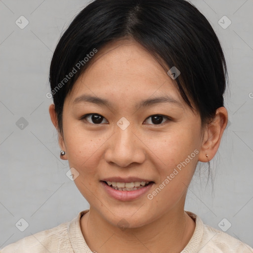 Joyful white young-adult female with medium  brown hair and brown eyes