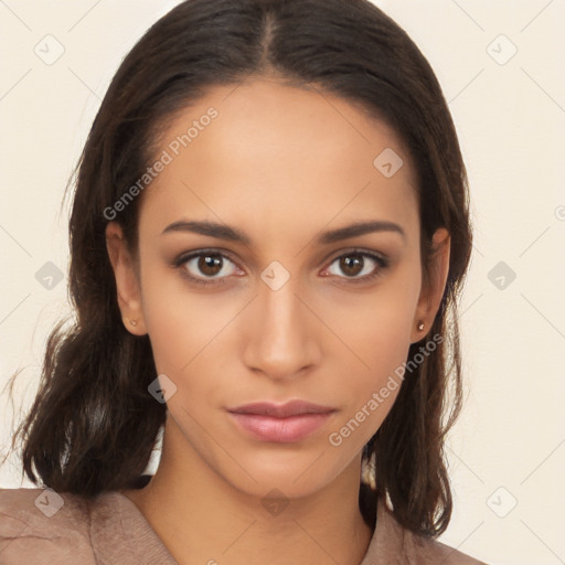 Neutral latino young-adult female with long  brown hair and brown eyes