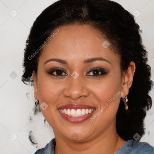 Joyful latino young-adult female with medium  brown hair and brown eyes