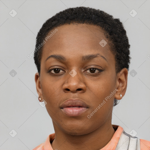 Neutral black young-adult female with short  black hair and brown eyes