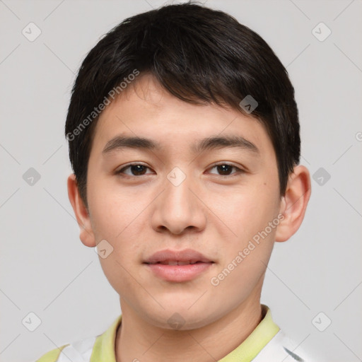 Neutral asian young-adult male with short  brown hair and brown eyes