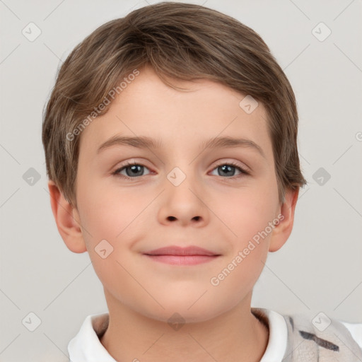 Joyful white child female with short  brown hair and brown eyes