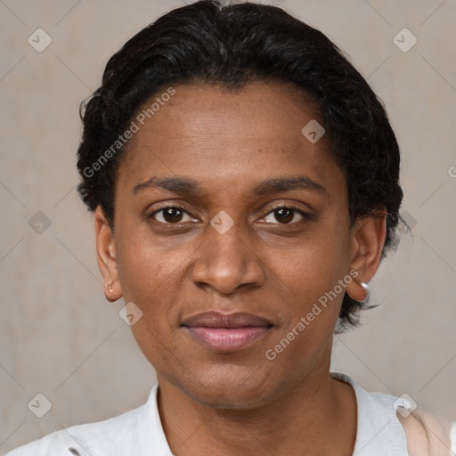 Joyful black adult female with short  brown hair and brown eyes