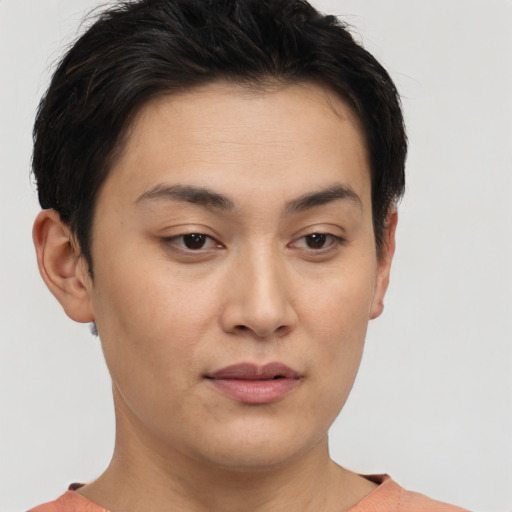 Joyful asian young-adult female with short  brown hair and brown eyes