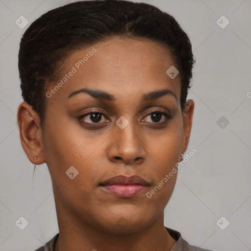 Neutral black young-adult female with short  brown hair and brown eyes