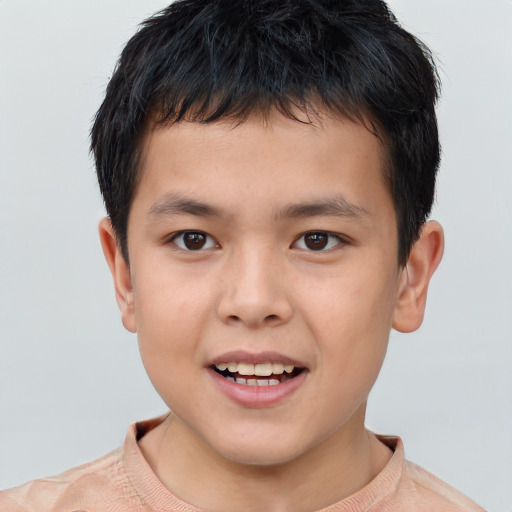Joyful asian child male with short  brown hair and brown eyes