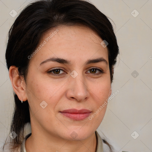 Joyful white adult female with medium  brown hair and brown eyes