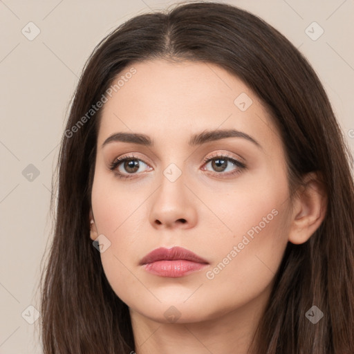 Neutral white young-adult female with long  brown hair and brown eyes