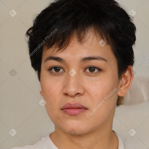 Neutral asian young-adult female with short  brown hair and brown eyes