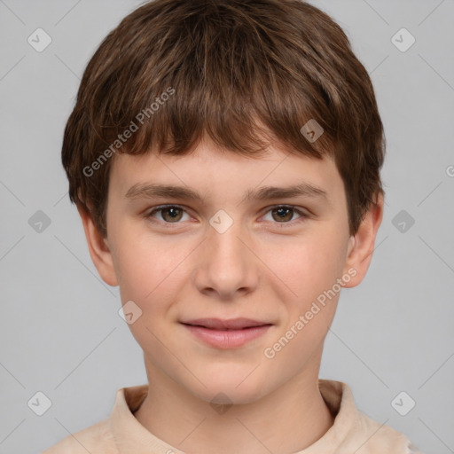 Joyful white child male with short  brown hair and brown eyes