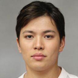 Neutral asian young-adult female with short  brown hair and brown eyes