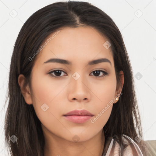 Neutral asian young-adult female with long  brown hair and brown eyes