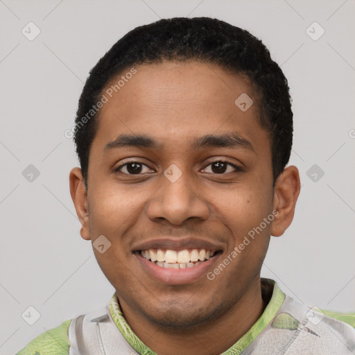 Joyful latino young-adult male with short  black hair and brown eyes