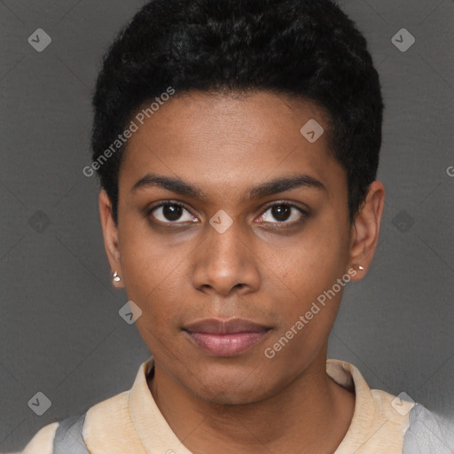 Neutral black young-adult male with short  black hair and brown eyes