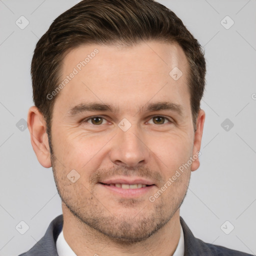 Joyful white young-adult male with short  brown hair and brown eyes