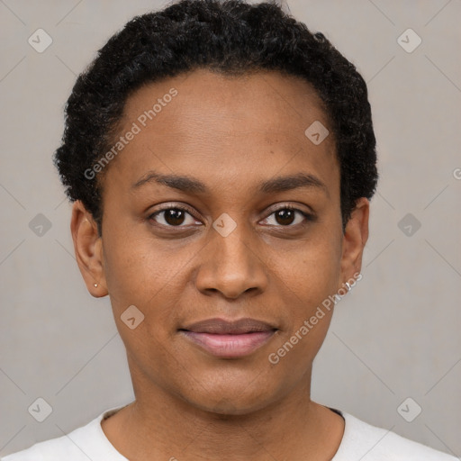 Joyful black young-adult female with short  black hair and brown eyes