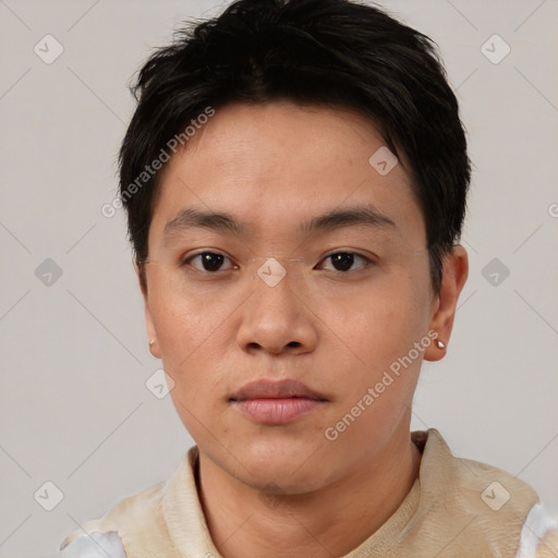 Neutral asian young-adult male with short  brown hair and brown eyes