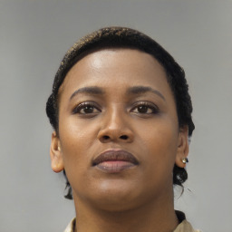 Neutral black young-adult female with short  black hair and brown eyes