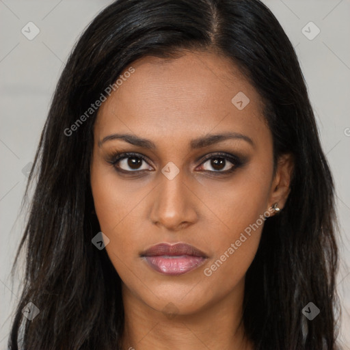 Joyful asian young-adult female with long  brown hair and brown eyes