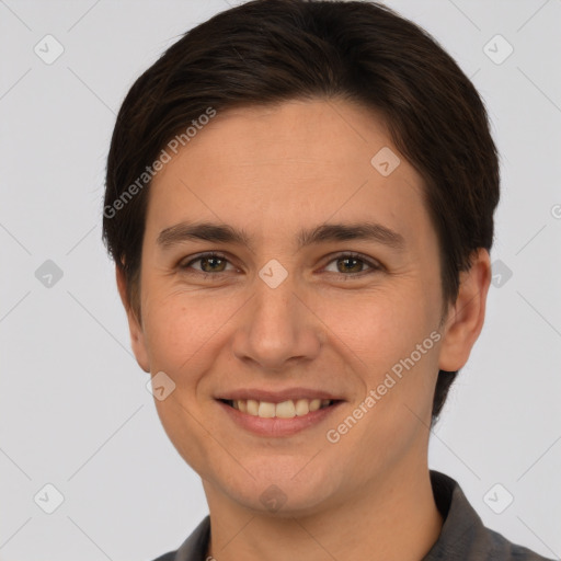 Joyful white young-adult female with short  brown hair and brown eyes