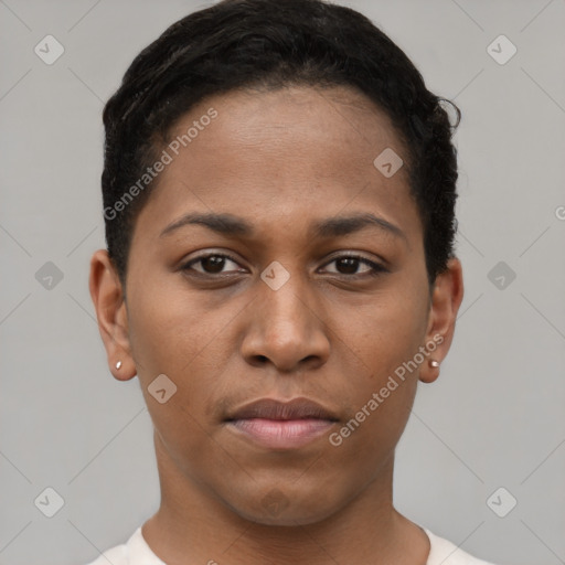 Neutral black young-adult female with short  black hair and brown eyes