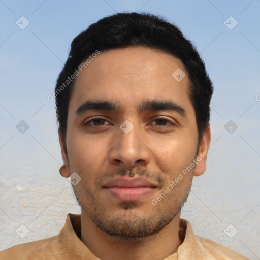 Neutral latino young-adult male with short  black hair and brown eyes