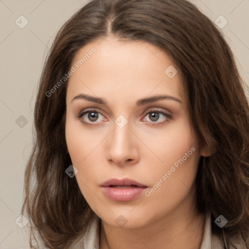 Neutral white young-adult female with long  brown hair and brown eyes