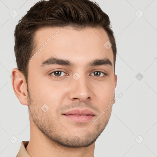 Neutral white young-adult male with short  brown hair and brown eyes