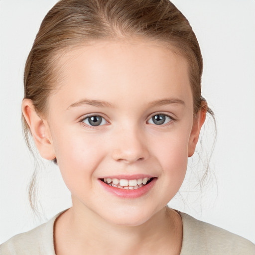 Joyful white child female with medium  brown hair and blue eyes