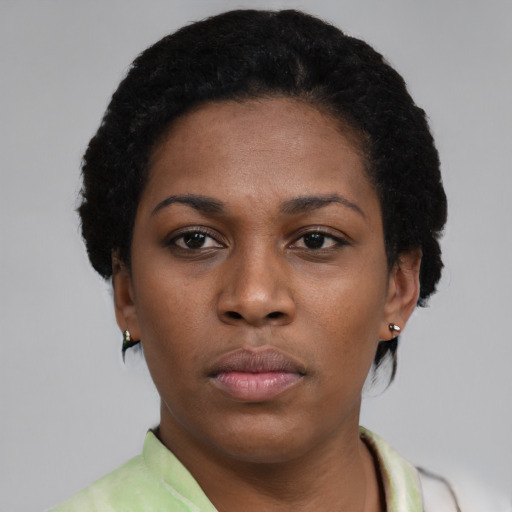 Neutral latino young-adult female with short  black hair and brown eyes