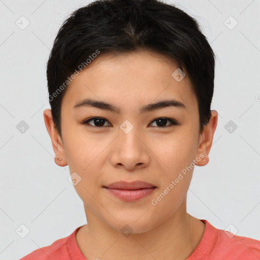 Joyful asian young-adult female with short  brown hair and brown eyes