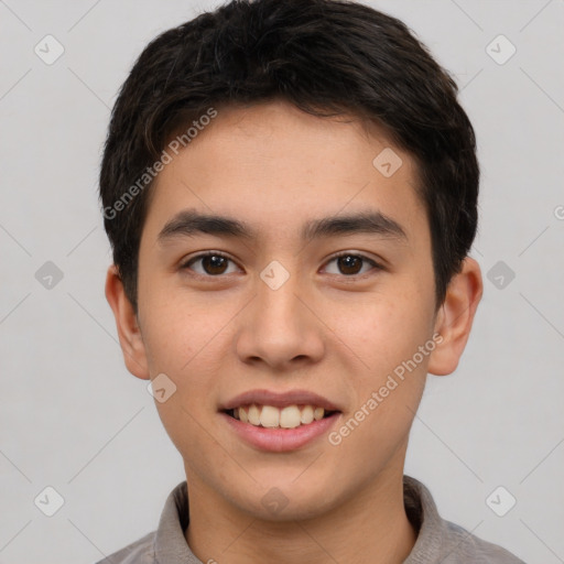 Joyful asian young-adult male with short  brown hair and brown eyes