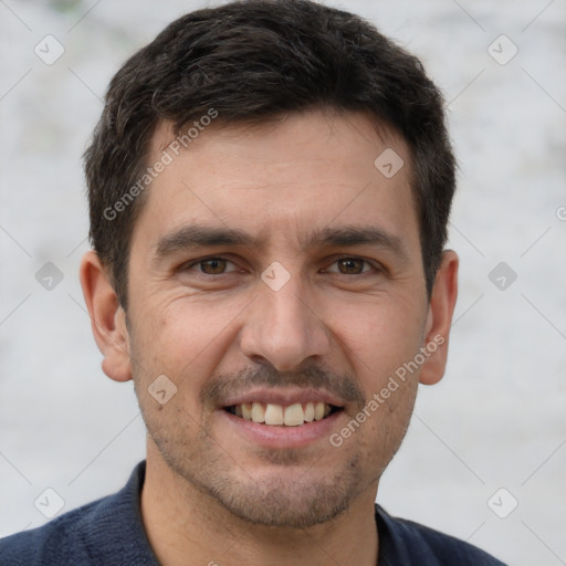 Joyful white young-adult male with short  brown hair and brown eyes