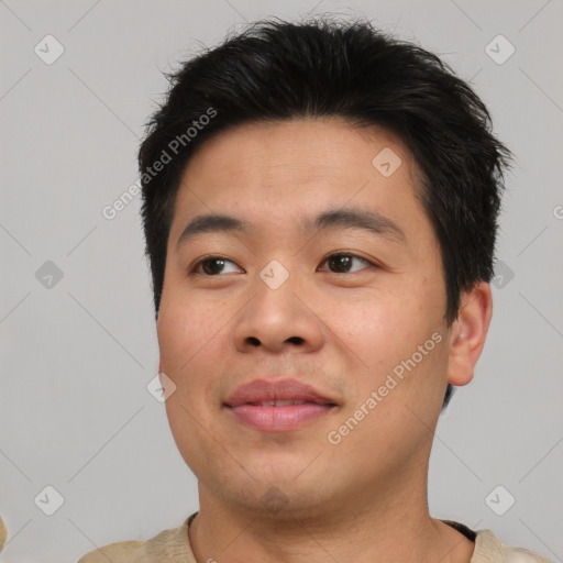 Neutral asian young-adult male with short  brown hair and brown eyes