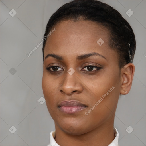 Joyful latino young-adult female with short  brown hair and brown eyes