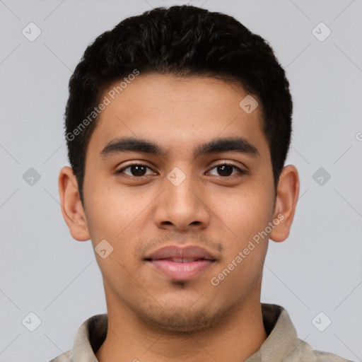 Neutral latino young-adult male with short  black hair and brown eyes